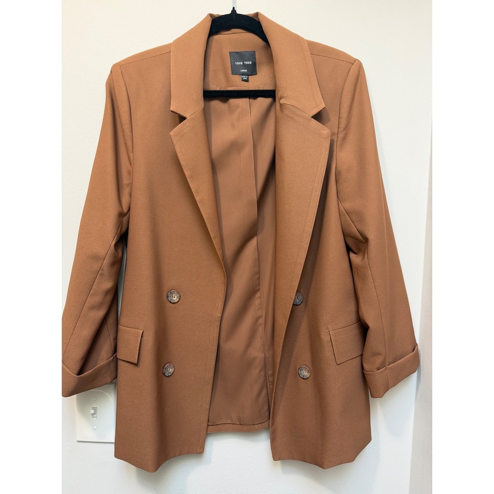 Love Tree Womens Camel Brown Double Breasted Blazer Jacket Large 80024JY